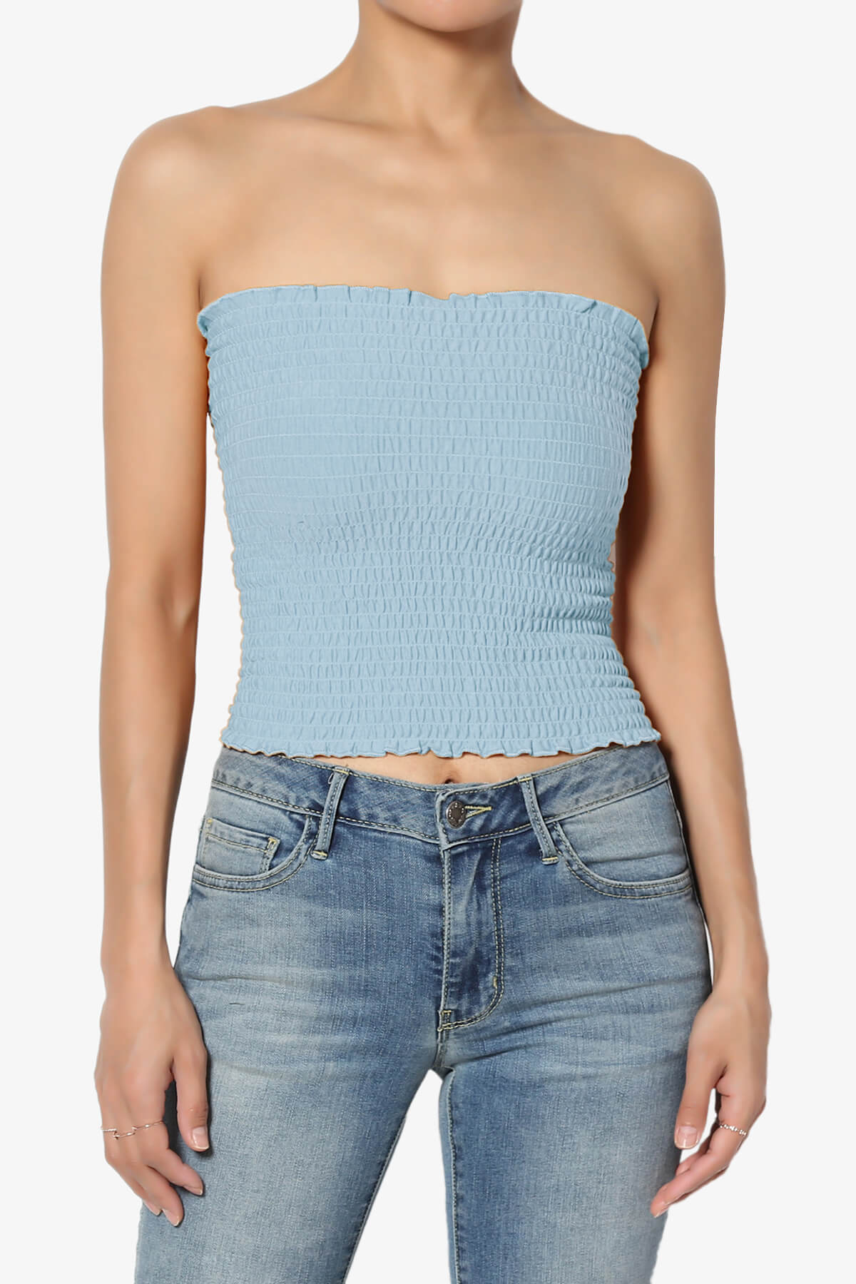Strapless Smocked Crop Tube Top Scalloped Hem Stretch Bustier