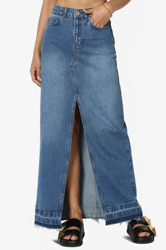 Women's Casual High Waisted Denim Maxi Skirt Split Front