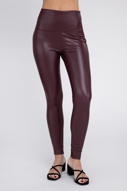 Zenana Women's High Rise Full Length Waist Band Faux Leather Tight Leggings  