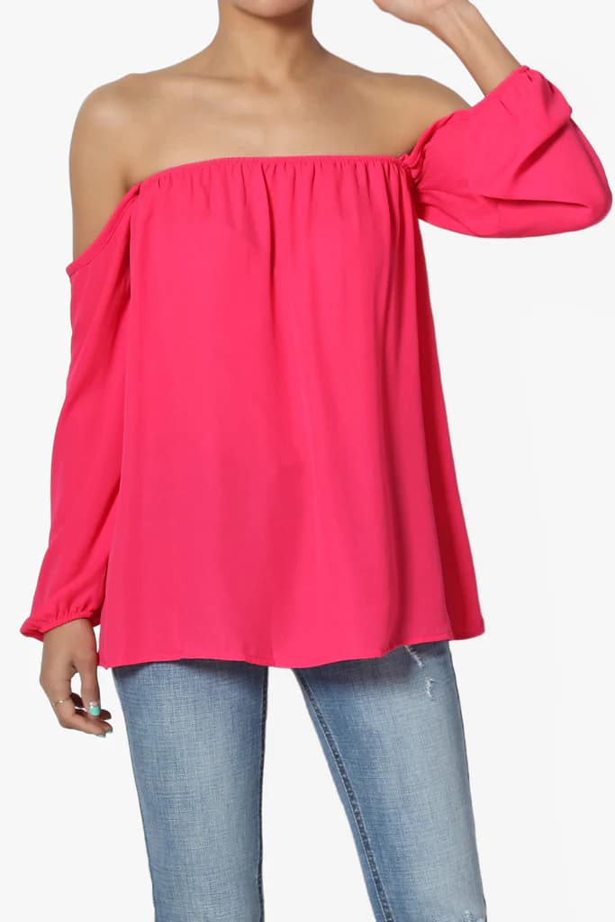 Woman wearing TheMogan’s Red Off-Shoulder Top