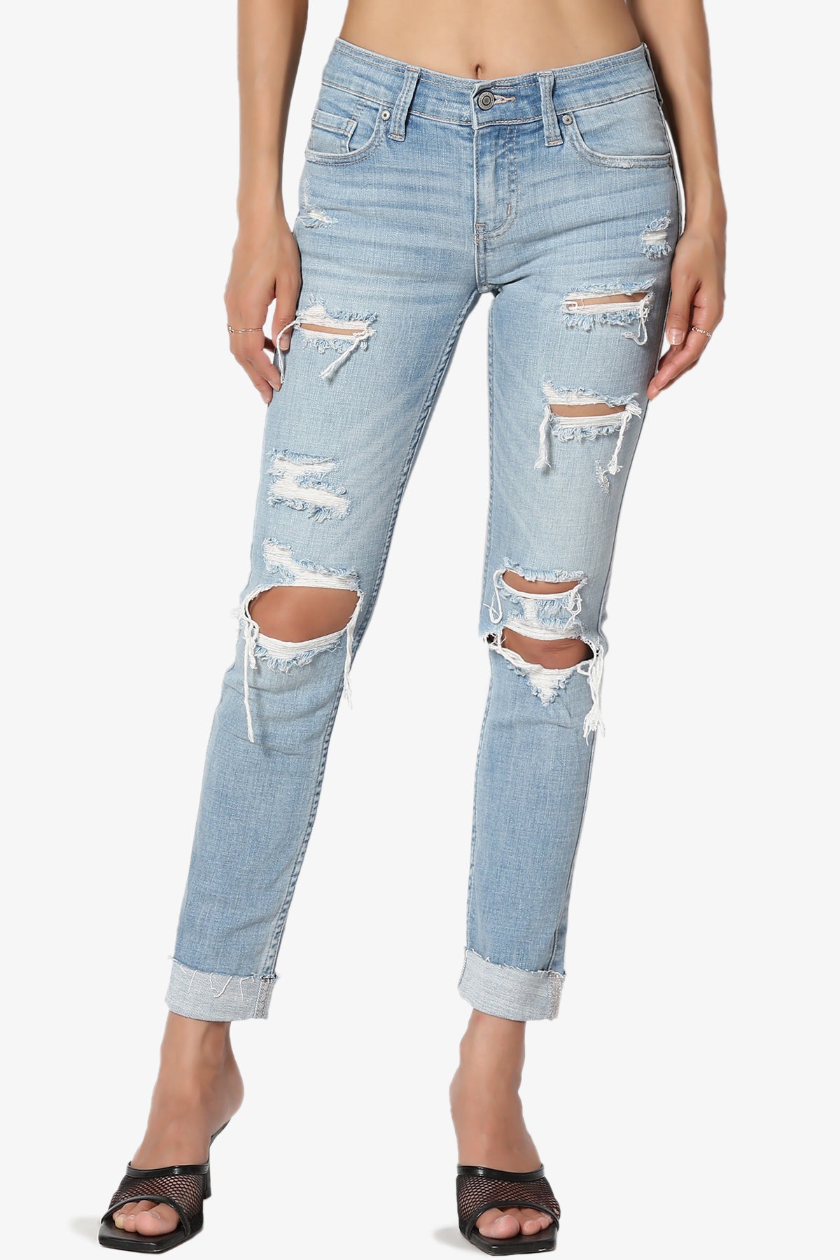 Tumult glas lava Distressed Ripped Shreded Mid Rise Ankle Girlfriend Jeans in Light Blue –  TheMogan
