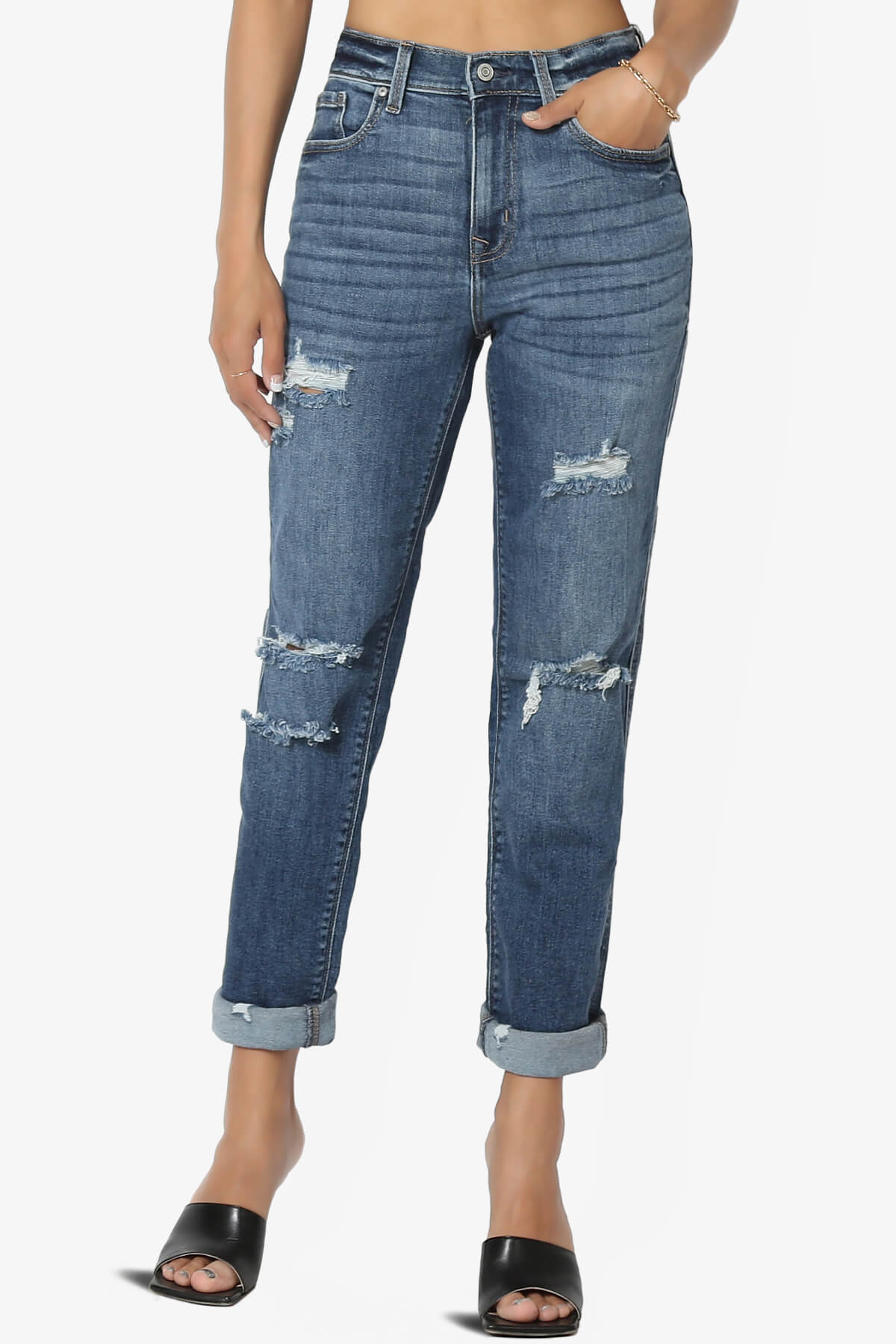 Distressed Destructed Washed Denim High Rise Relaxed Boyfriend