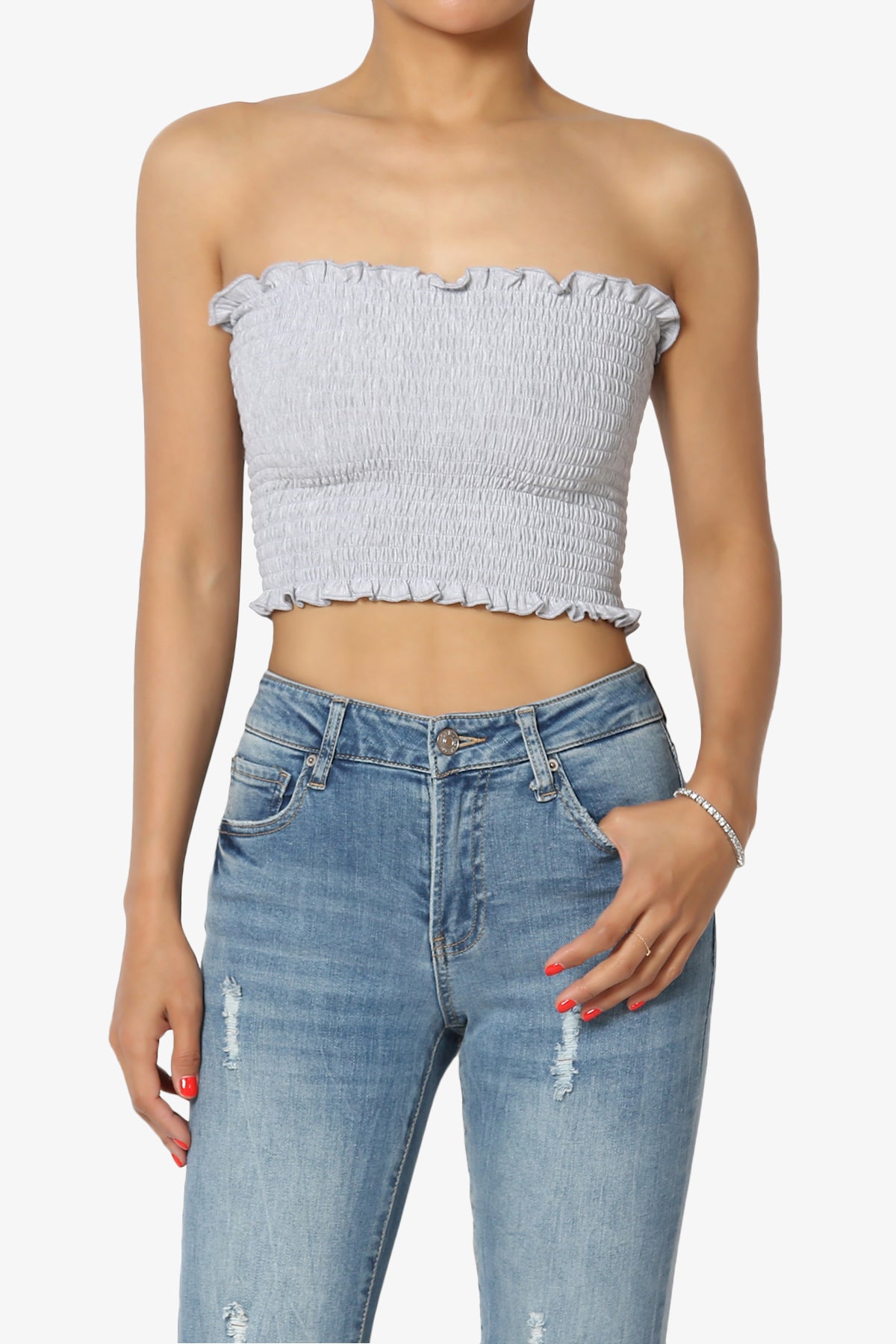 STRETCHY SEAMLESS STRAPLESS CROP TUBE TOP WITH BUILT-IN SHELF BRA - NE  PEOPLE