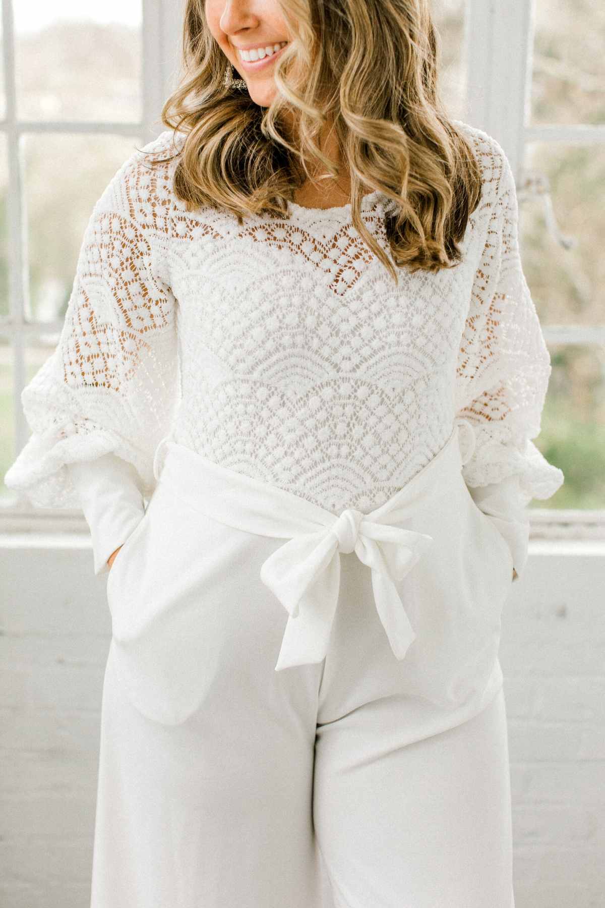 White Lace Long Sleeve Bridal Jumpsuit | Alex - Eternal Ivory