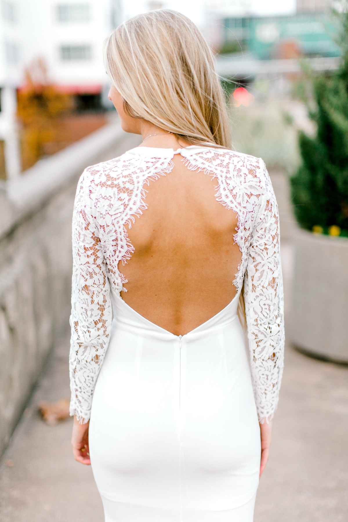 white long sleeve engagement dress