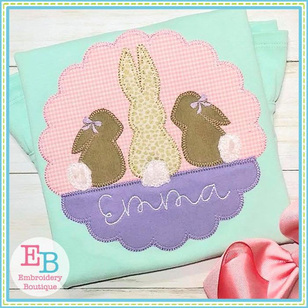 3 Bunnies Scallop with Grass Applique, Applique