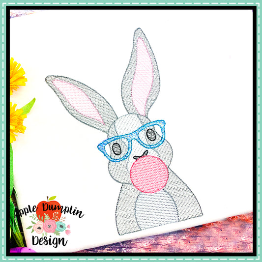 Bunny Bubble Gum Glasses Sketch Embroidery Design, Embroidery