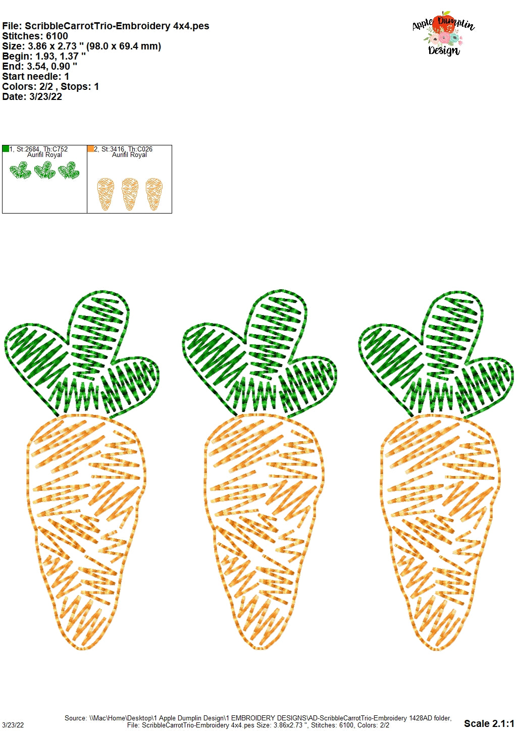 Carrot Trio Scribble Embroidery Design, Embroidery