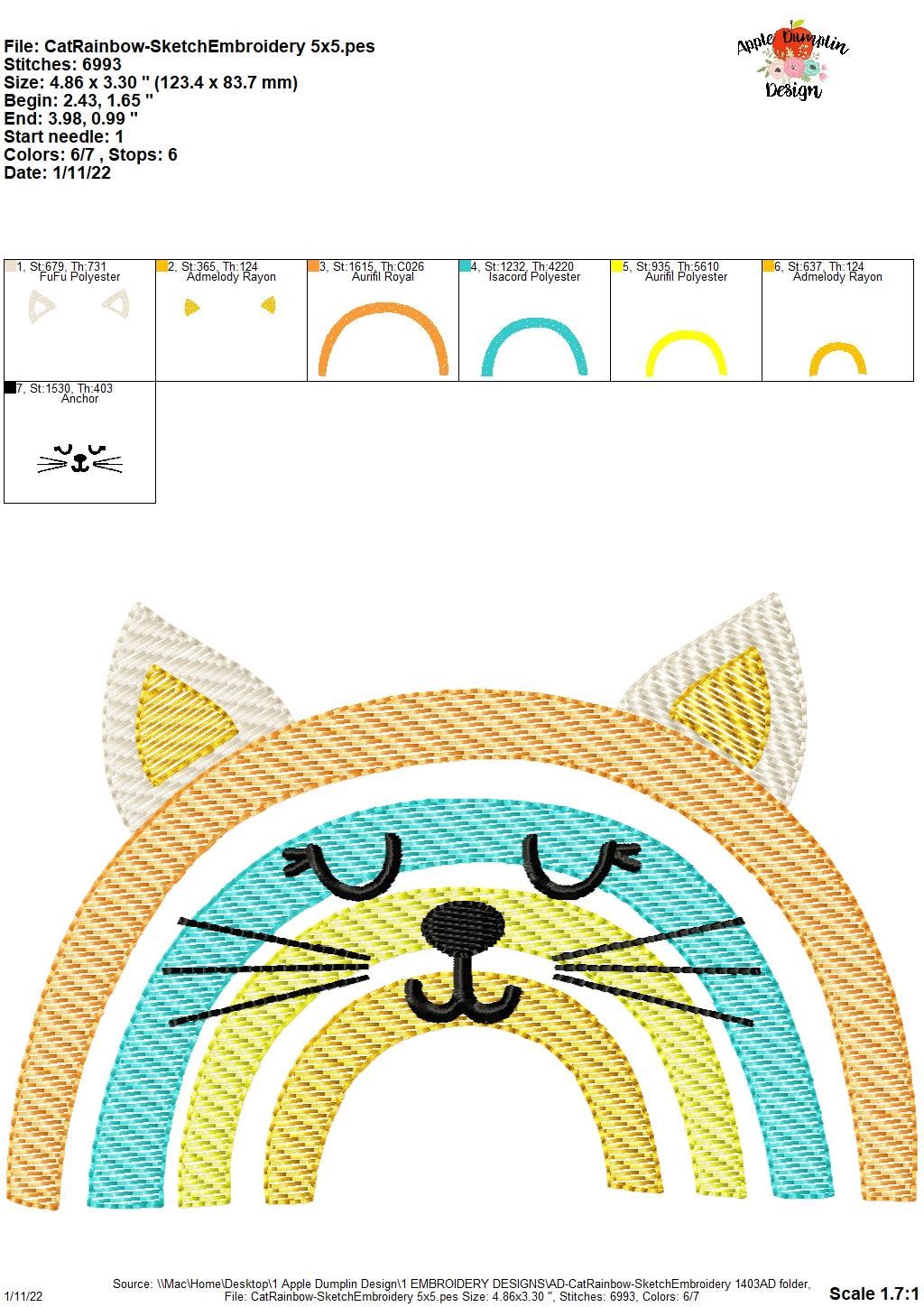 Cat Rainbow Sketch Embroidery Design, Embroidery
