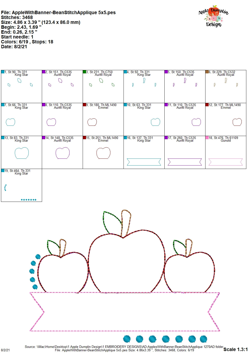 Apples with Banner Bean Stitch Applique Design, Applique