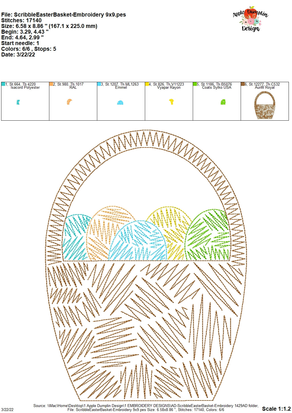 Easter Basket Scribble Embroidery Design, Applique