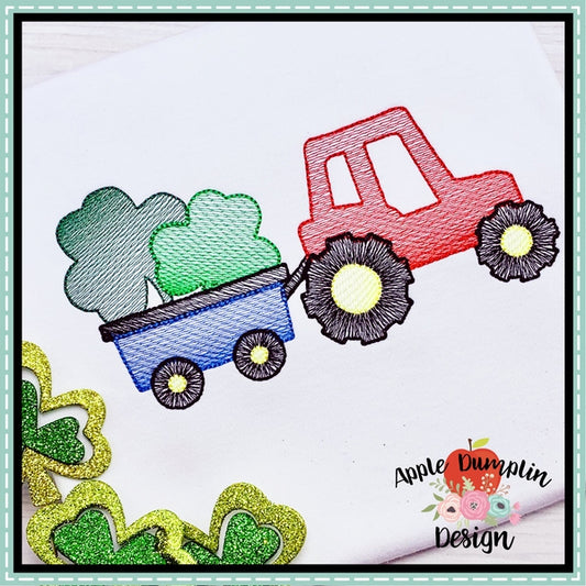 Shamrock Tractor Sketch Embroidery Design, applique