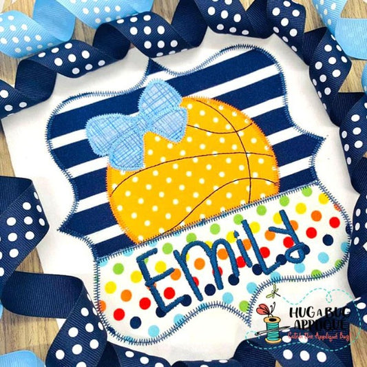 Basketball Bow Split Frame Zig Zag Stitch Applique Design, Applique