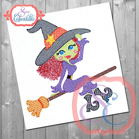 Witch On A Broom Embroidery Design, Embroidery