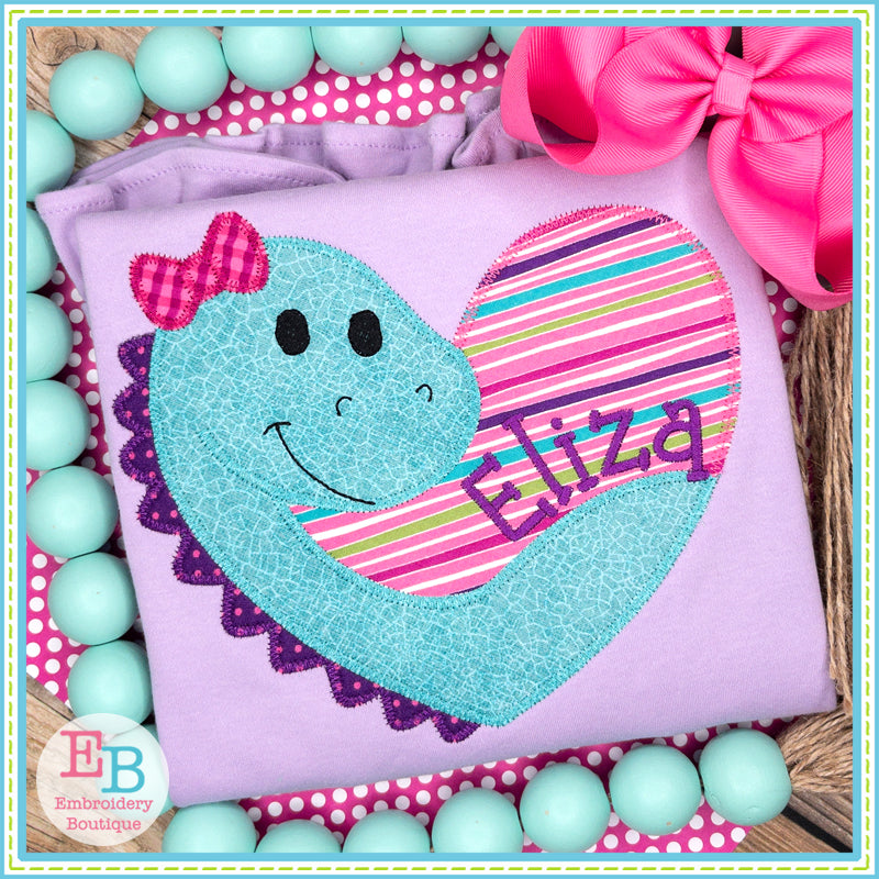 Girl Dino Heart Zigzag Stitch Applique, Applique