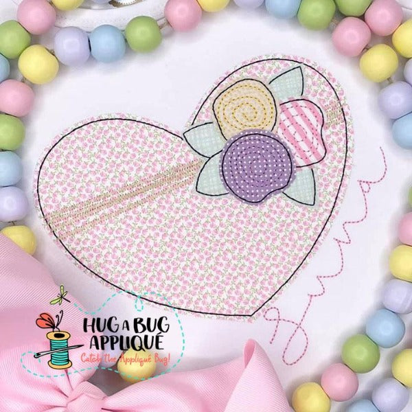 Heart Flowers Bean Stitch Applique Design, Applique