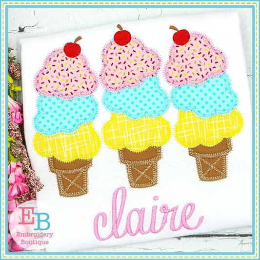 Applique Ice Cream Cone Double Scoop and Cherry Machine Embroidery Des