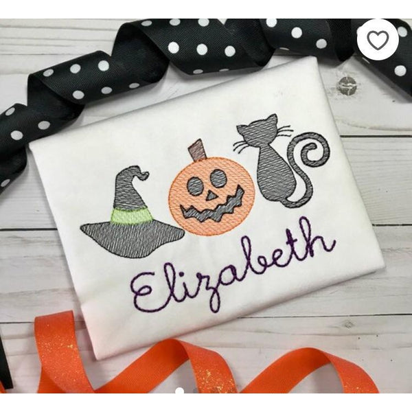 Witch Hat Pumpkin Cat Trio Sketch Embroidery Design