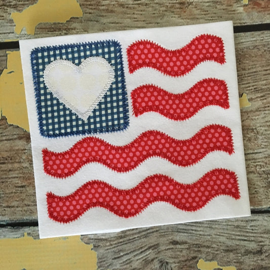 Flag Heart Wave Zig Zag Stitch Applique Design, Applique