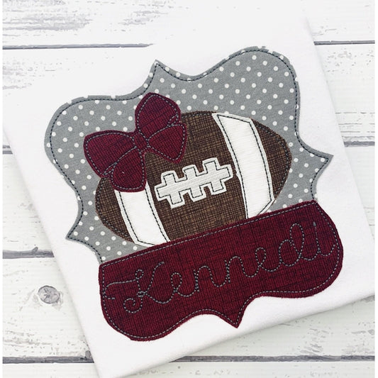 Football Bow Frame Bean Stitch Applique Design, Applique