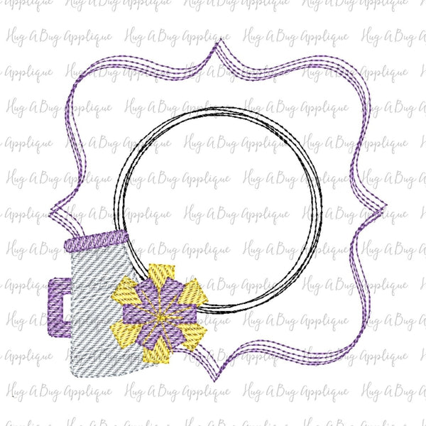 Megaphone Pompom Frame Scribble Stitch Embroidery Design, Embroidery