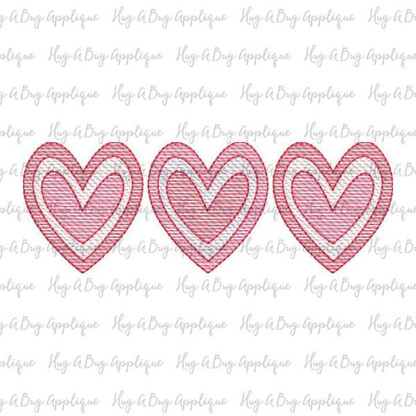 Paper Hearts Trio Sketch Stitch Embroidery Design, Embroidery
