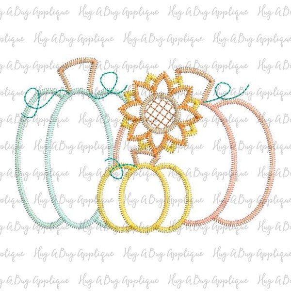 Trio Pumpkins Flower Zig Zag Stitch Applique Design, Applique
