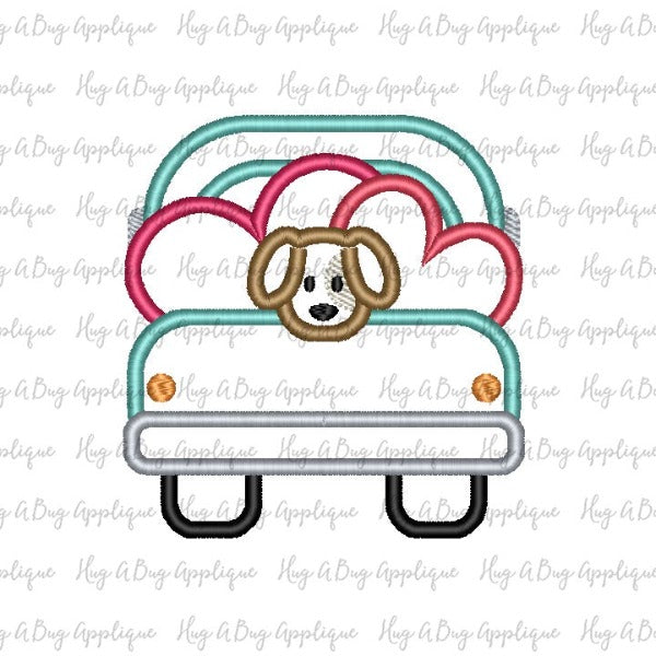 Truck Hearts Pup Satin Stitch Applique Design, Applique