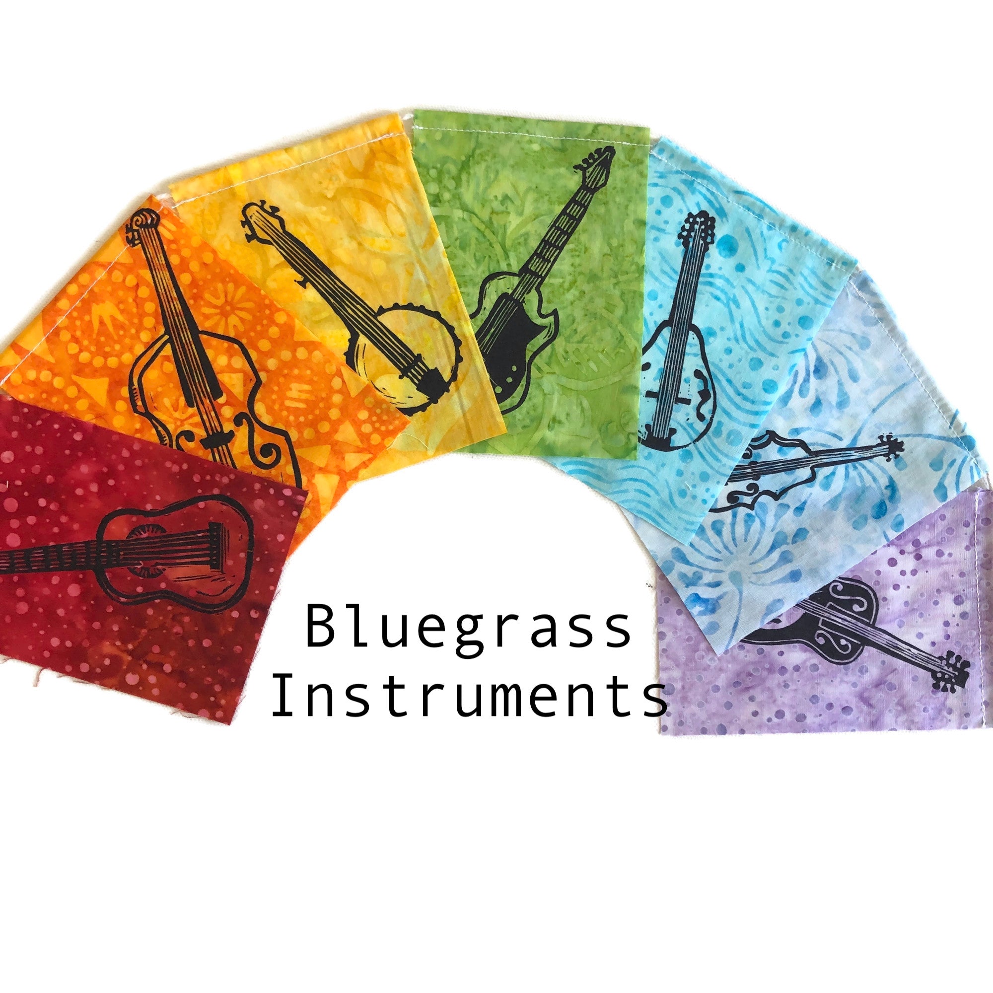 rainbow flags with images of bluegrass  instruments