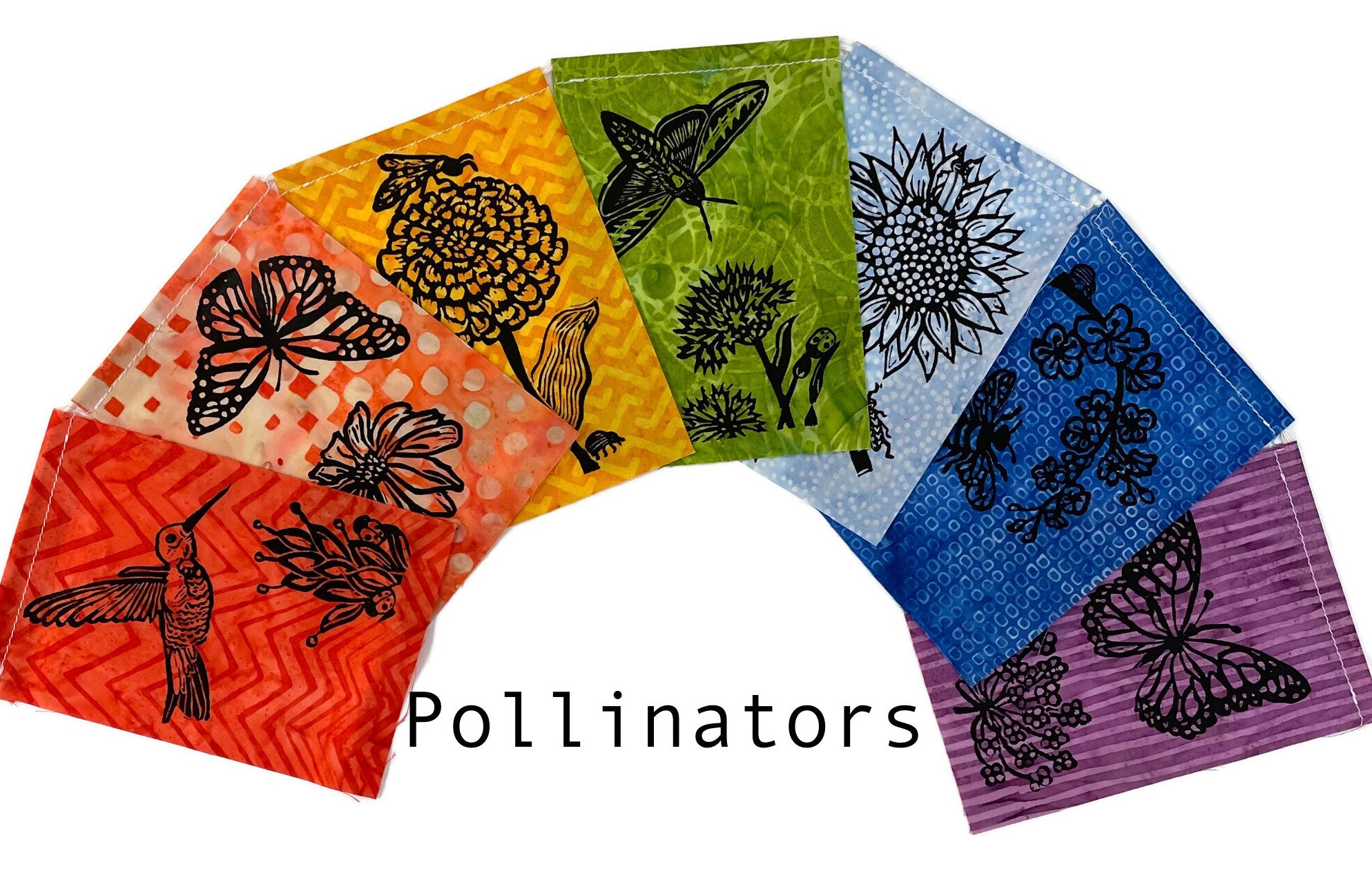 Small Flag Set with images of pollinators handprinted on them