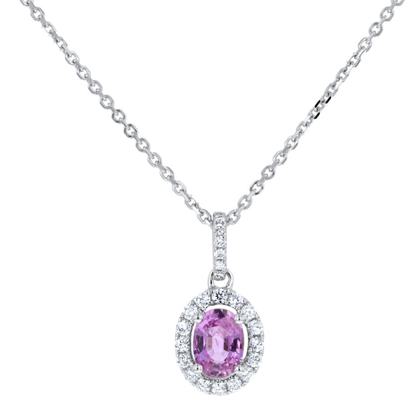Oval Shape Pink Sapphire and 1/4 Ctw Diamond Pendant in 14K White