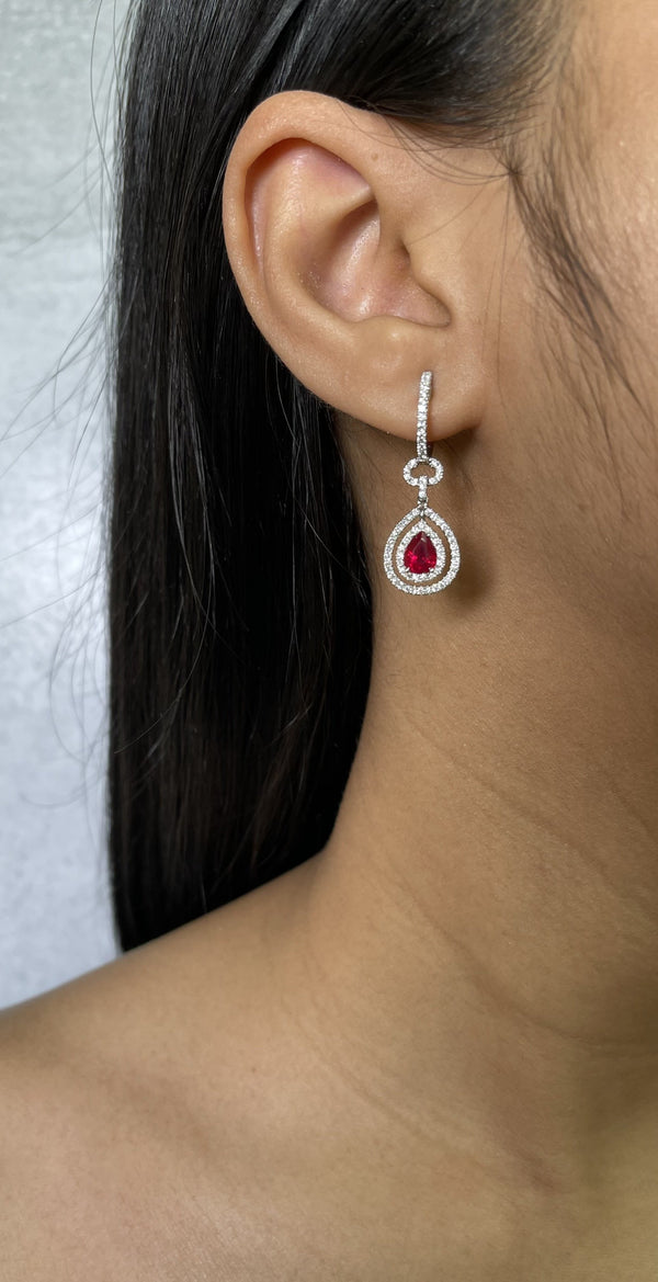 Diamond Halo and Pear Shape Ruby Drop Earrings (E1904) – R&R Jewelers