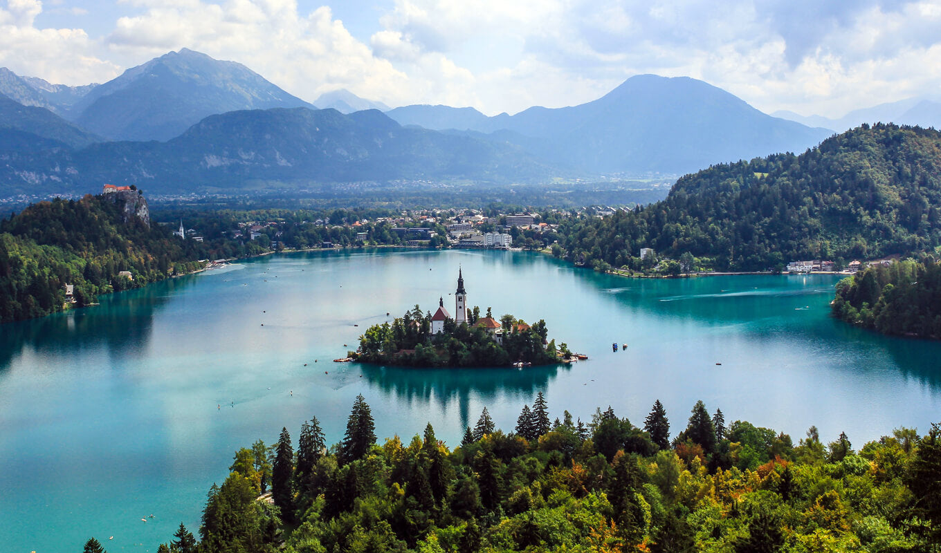 White building at an island in Lake Bled, Slovenia