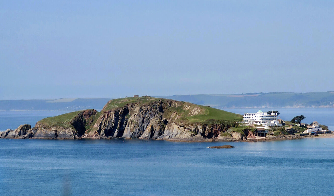 Big white building on Burgh island in Devonshire coast