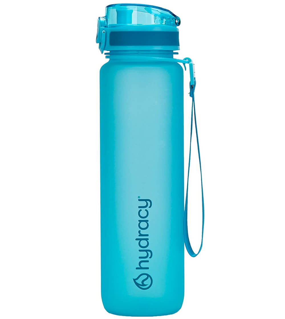 Aqua blue Hydracy water bottle with time marker
