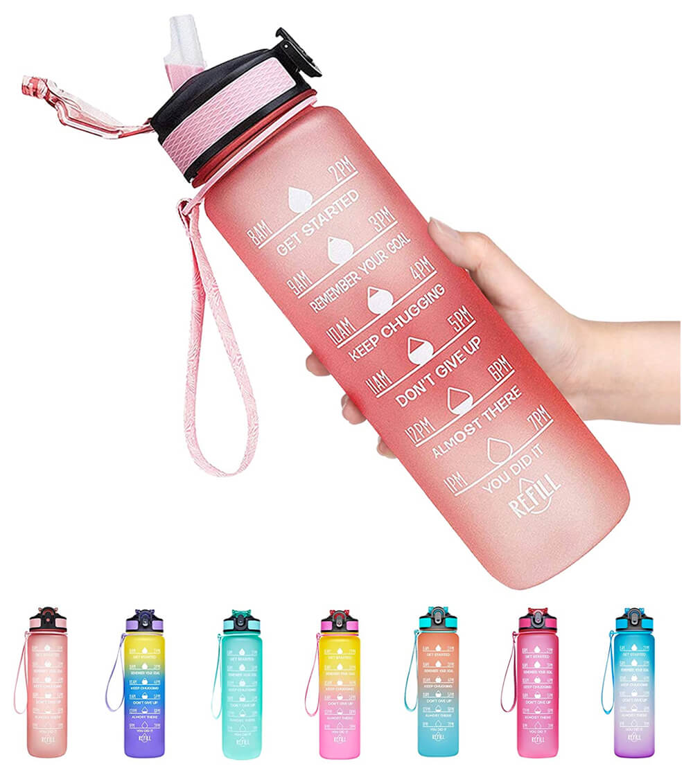 Rosafarbene auslaufsichere BPA-freie Trinkflasche von Giotto mit Zeitmarkierung