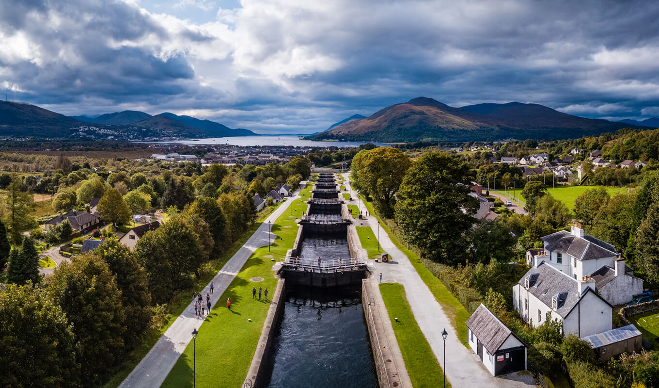 Aerial view of Neptune's staircase reaching from loch linnhe