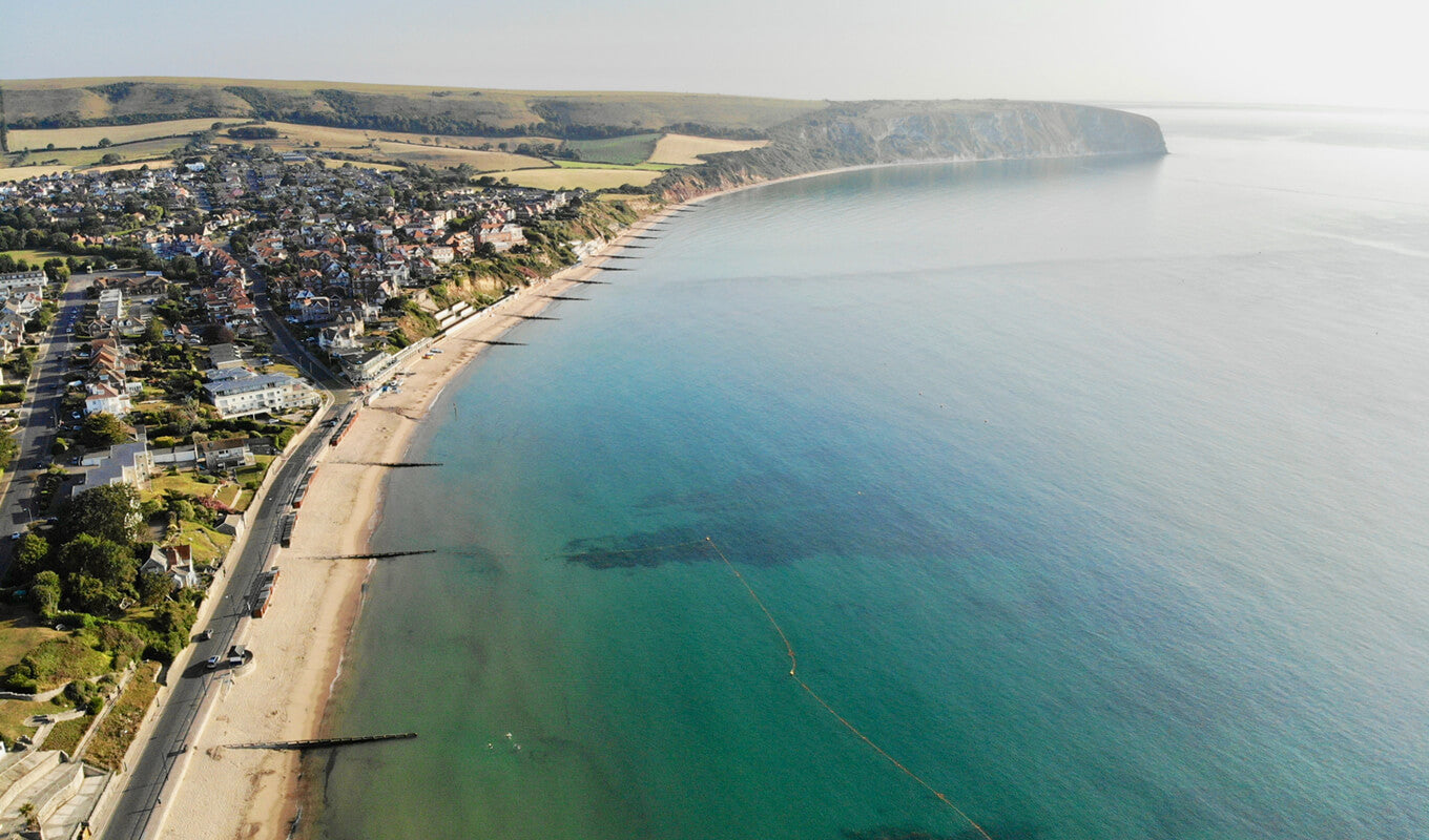 Aerial view of Swanage pier and bay