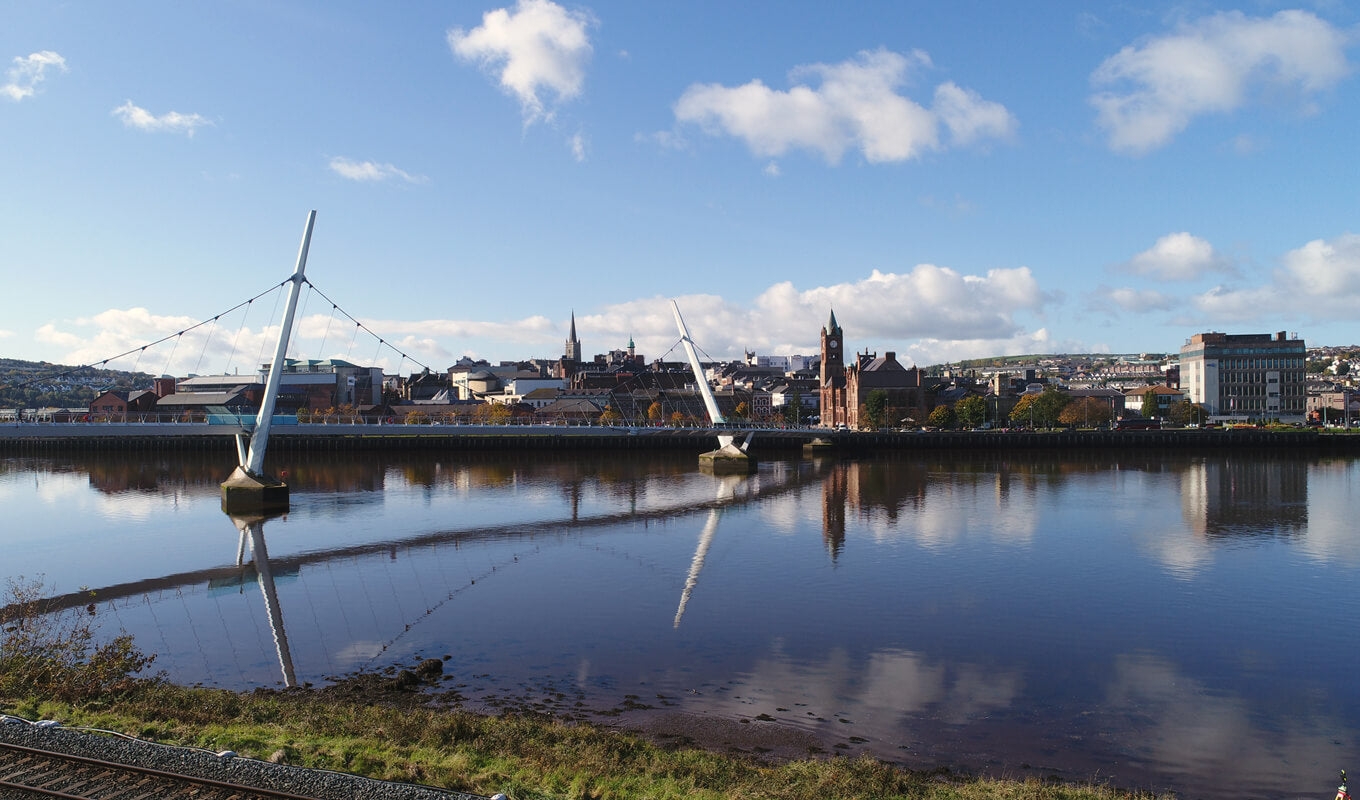 Reflection of Derry skyline and the Peace bridge crossing River foyle