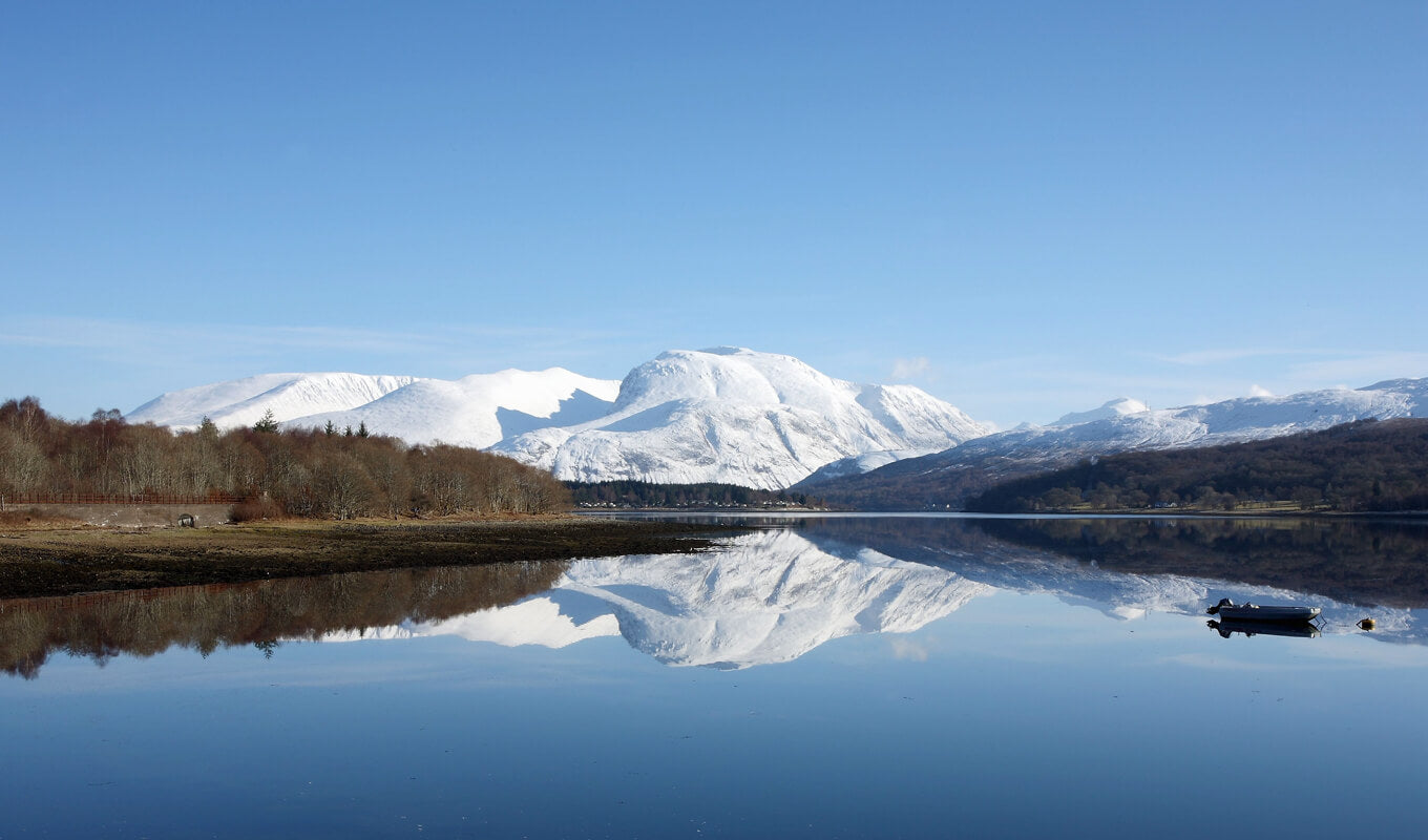 Reflection of a snowy cap mountain at Loch Eil