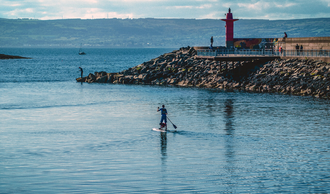 Mann paddelt mit seinem Hund auf Strangford Lough