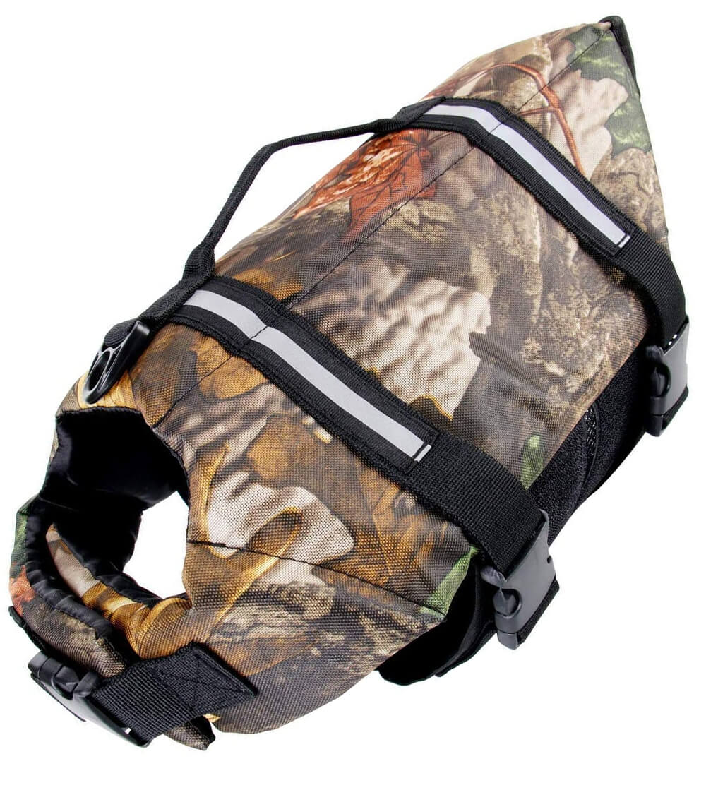 Durable camo pet life preserver jacket for small dogs