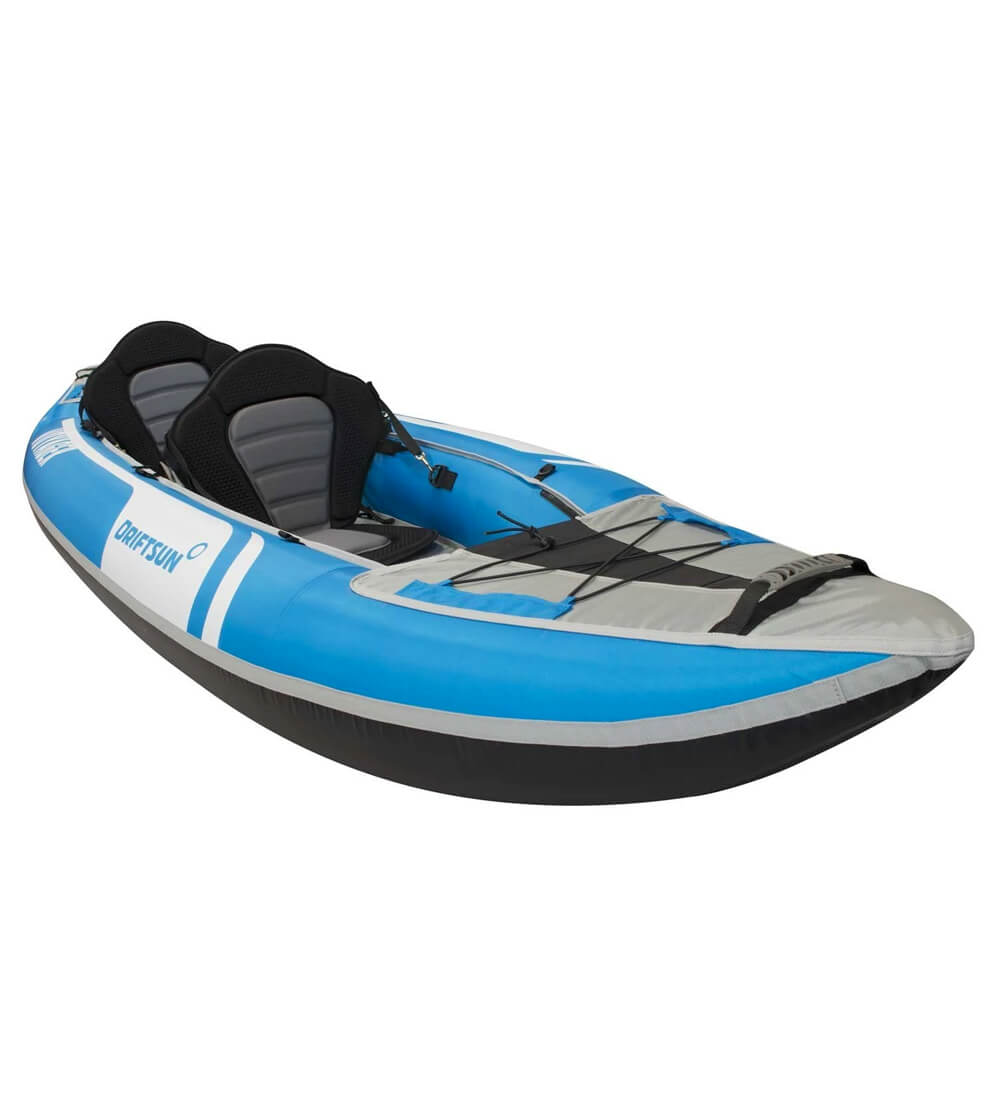 Blue and white two person inflatable kayak