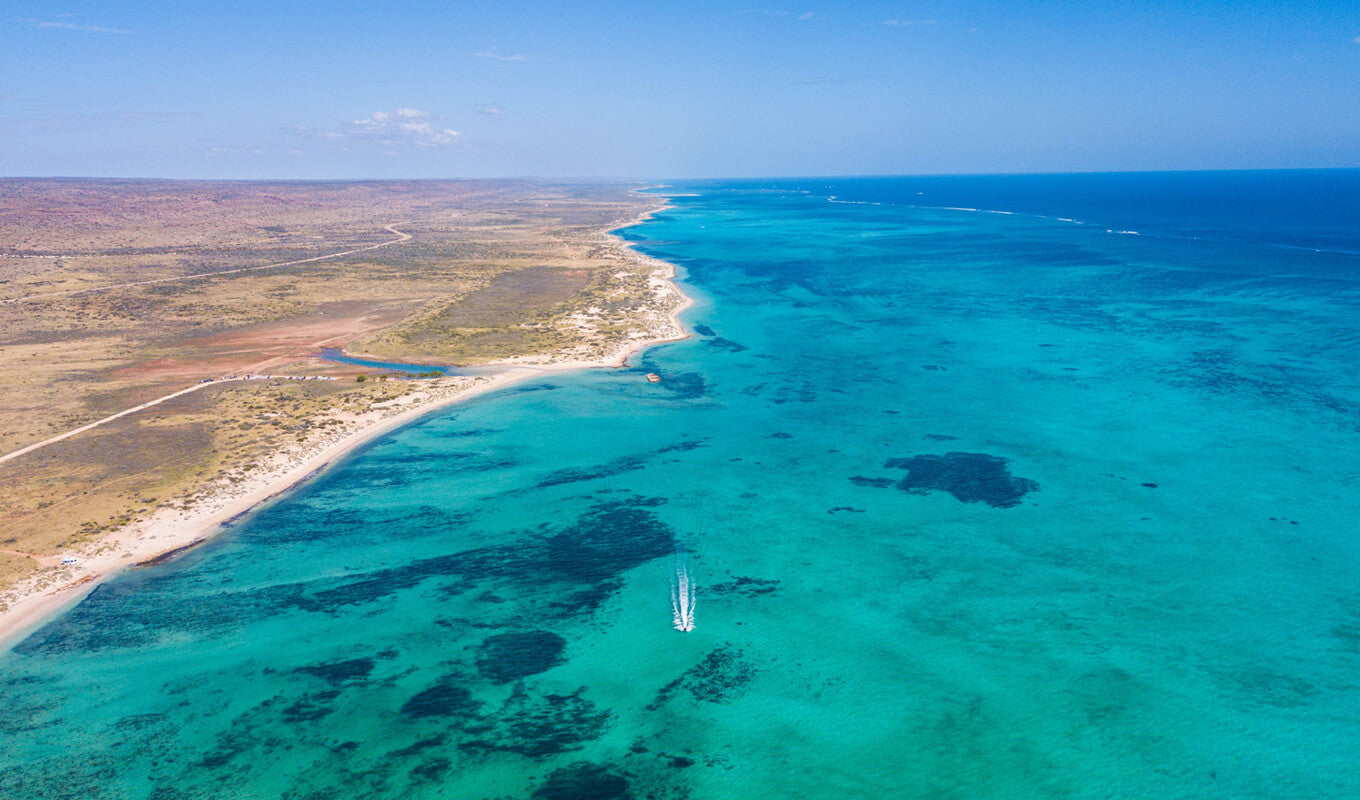 Aerial view of long stretch of white sand of Ningaloo reef