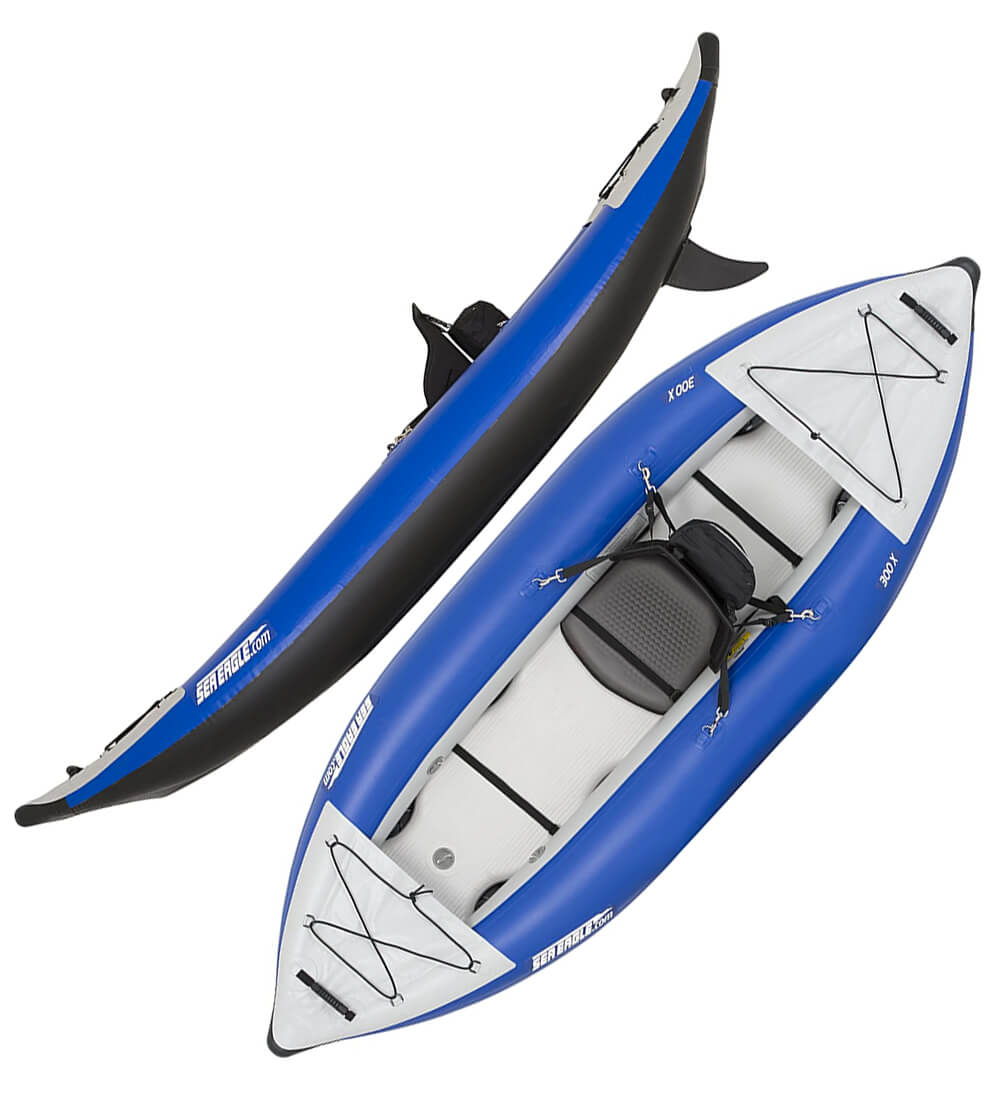 Blue and white inflatable kayak for whitewater