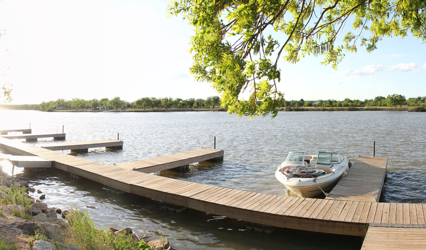 Boat parked on a dock in Spring Creek Reservoir