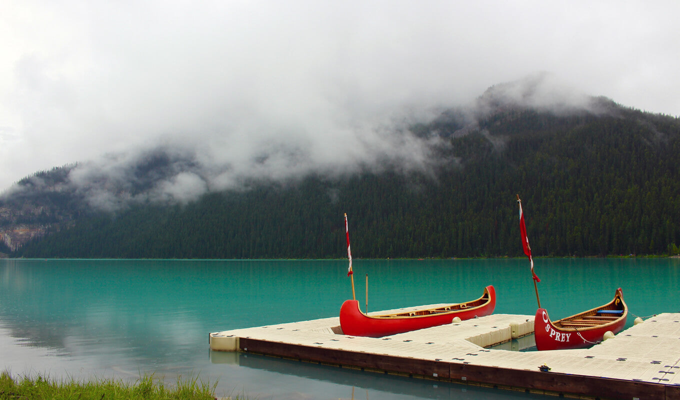 Red racing canoes