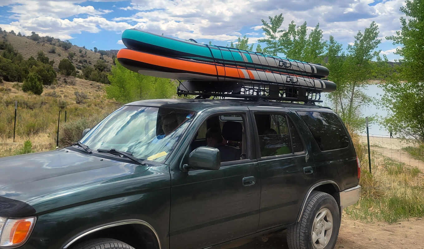 GILI inflatable paddle board on a car roof rack