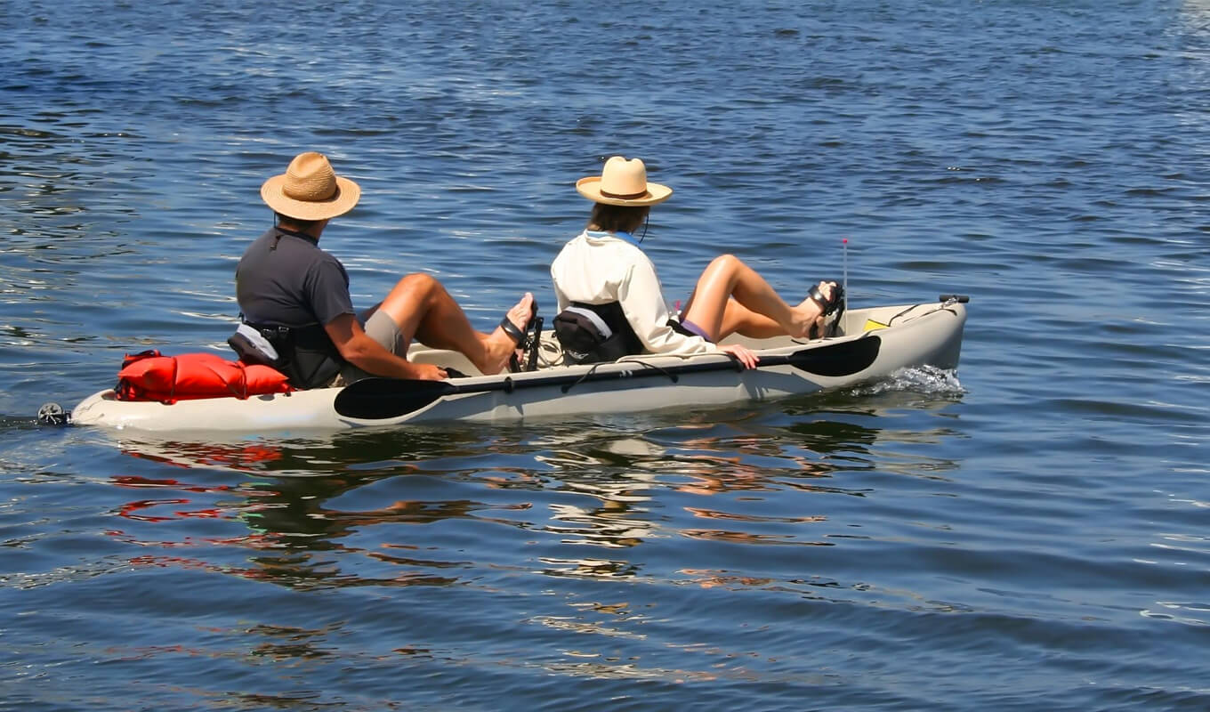 two people pedaling a kayak