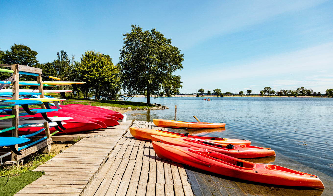 Kayak outdoor storage beside a lake